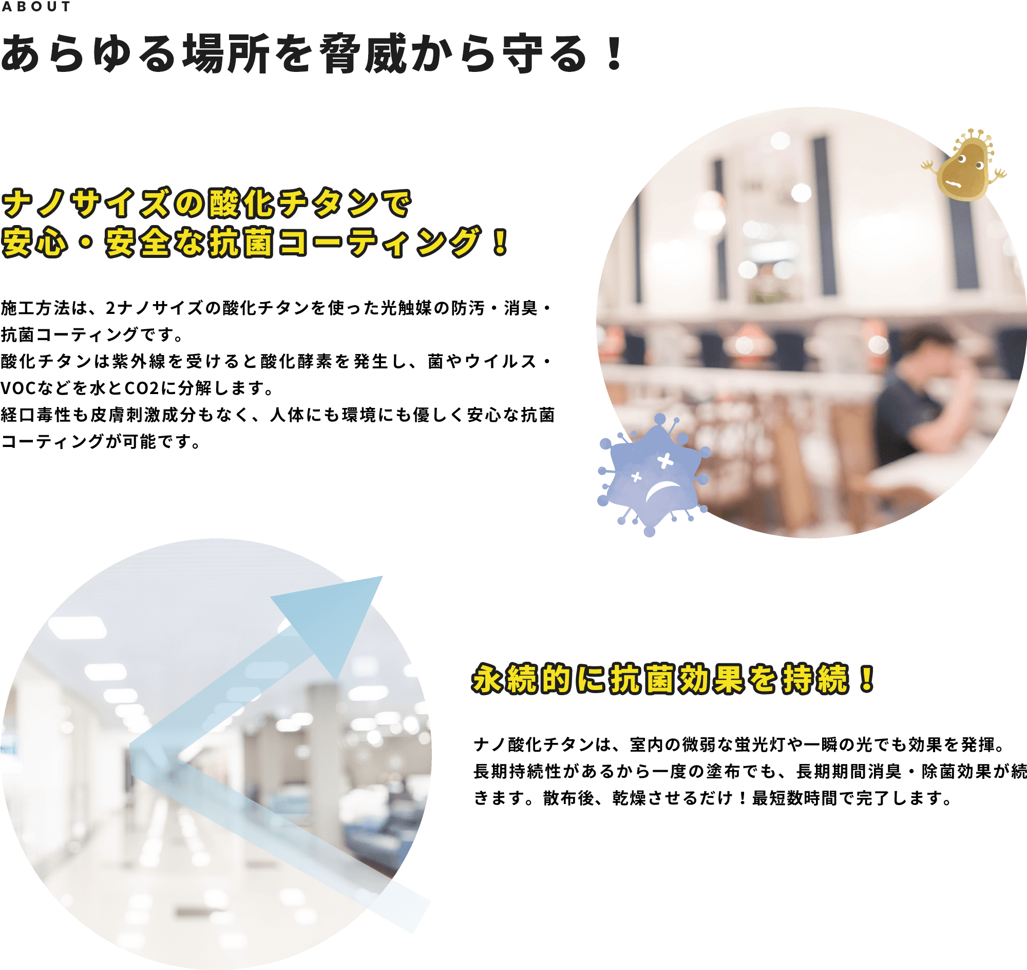 あらゆる場所を脅威から守る！ナノサイズの酸化チタンで安心・安全な抗菌コーティング！施工方法は、2ナノサイズの酸化チタンを使った光触媒の防汚・消臭・抗菌コーティングです。酸化チタンは紫外線を受けると酸化酵素を発生し、菌やウイルス・VOCなどを水とCO2に分解します。経口毒性も皮膚刺激成分もなく、人体にも環境にも優しく安心な抗菌コーティングが可能です。永続的に抗菌効果を持続！ナノ酸化チタンは、室内の微弱な蛍光灯や一瞬の光でも効果を発揮。長期持続性があるから一度の塗布でも、長期期間消臭・除菌効果が続きます。散布後、乾燥させるだけ！最短数時間で完了します。